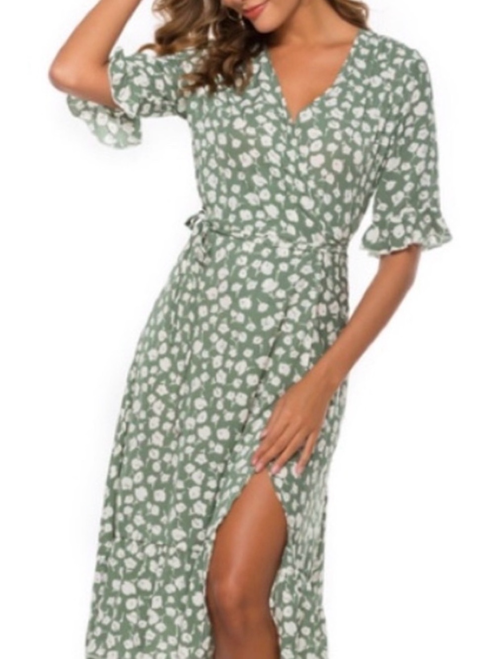 Amazon Sage Green Floral Wrap Midi Dress